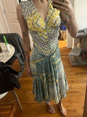 JUST CAVALLI Sleeveless V-Neck Yellow & Teal Printed Midi Dress